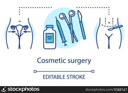 Cosmetic surgery concept icon. Medical equipment idea thin line illustration. Plastic surgical procedures. Aesthetic body. Healthcare, beauty. Vector isolated outline drawing. Editable stroke