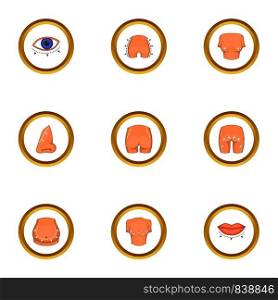 Cosmetic surgery icons set. Cartoon style set of 9 cosmetic surgery vector icons for web design. Cosmetic surgery icons set, cartoon style