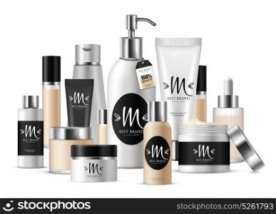 Cosmetic Template Composition. Colored cosmetic template composition for business presentation and with label with brand vector illustration