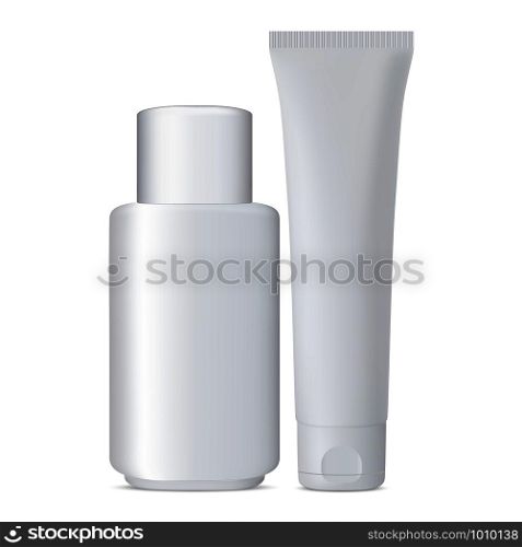 Cosmetic Tube and Bottle Mockup Set. Tooth Paste Pack with Lid. Shampoo Cylinder Package. Realistic Isolated White 3d Container Template. Face and Skin Care Product Pack. Squeeze Cylinder Packaging.. Tube and Cosmetic Bottle Mockup Set. White Jar.