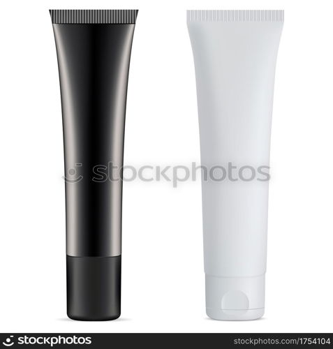 Cosmetic tube. Eye cream package 3d mockup, grey. Face cream tube design isolated on white background. Facial cleanser product, premium lotion in plastic jar. Ointment gel template. Cosmetic tube. Eye cream package 3d mockup, grey