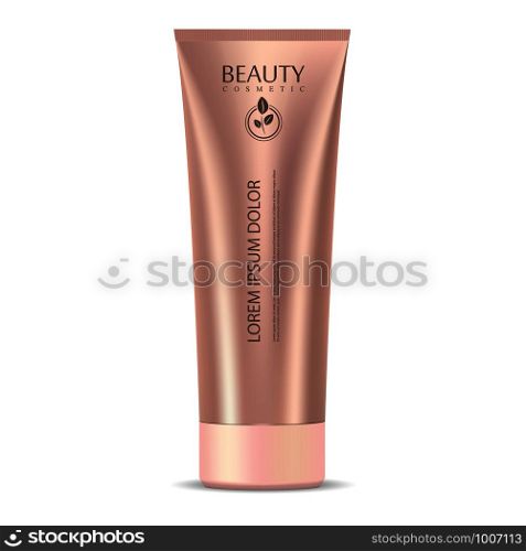 Cosmetic tube mockup template in rose gold color. Jar for cream, ointment, mask, clay, moisturizer. High quality vector packaging.. Cosmetic tube mockup template in rose gold color.