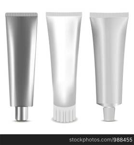 Cosmetic Tube Set. Vector illustration realistic Mock Up. Cosmetic, Cream, Tooth Paste, Glue White Plastic Tubes. Isolated on white background.. Cosmetic Tube Set. Vector illustration realistic