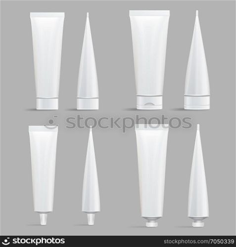 Cosmetic Tube Set. Vector Mock Up. Cosmetic, Cream, Shampoo, Tooth Paste, Glue White Plastic Tubes Set Packaging Realistic Illustration. Isolated. Tube Vector Mock Up. Empty Clean. Cream, Cosmetic Products Blank 3D Tube. Isolated Cosmetic Packaging
