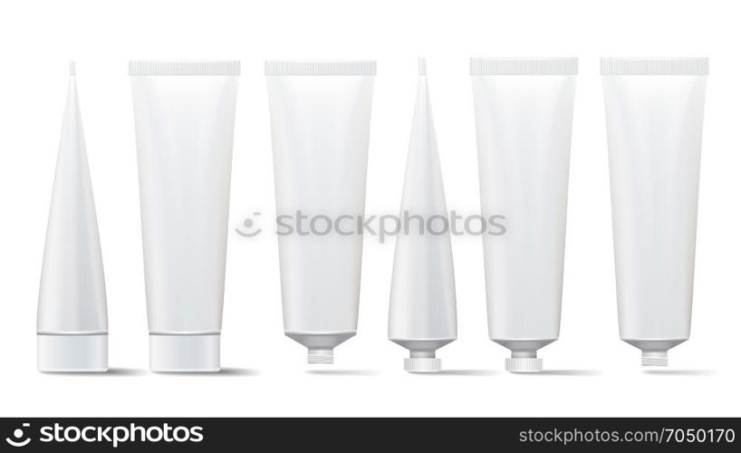 Cosmetic Tube Set. Vector Mock Up. Cosmetic, Cream, Tooth Paste, Glue White Plastic Tubes Open And Closed Set Packaging Realistic Illustration. Isolated. Cosmetic Tube Set. Vector Mock Up. Cosmetic, Cream, Tooth Paste, Glue White Plastic Tubes Open And Closed Set