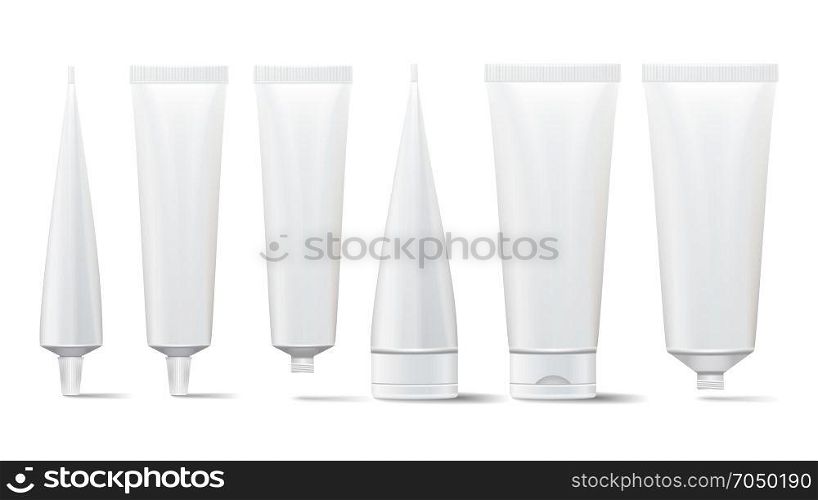 Cosmetic Tube Set. Vector Mock Up. Cosmetic, Cream, Tooth Paste, Glue White Plastic Tubes Open And Closed Set Packaging Realistic Illustration. Isolated. Cosmetic Tube Set. Vector Mock Up. Cosmetic, Cream, Tooth Paste, Glue White Plastic Tubes Open And Closed Set