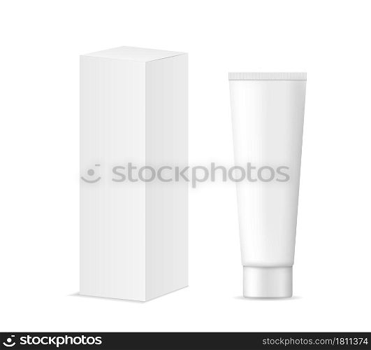 Cosmetic tube with white cardboard box package. Mockup of tube with cream, lotion, toothpaste, balm and ointment. Template of medical product in bottle. Blank mock up for beauty isolated. Vector.. Cosmetic tube with white cardboard box package. Mockup of tube with cream, lotion, toothpaste, balm and ointment. Template of medical product in bottle. Blank mock up for beauty isolated. Vector