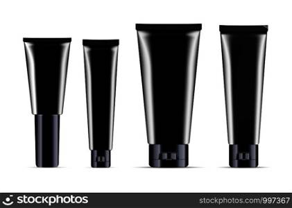 Cosmetic tubes in black color and different shape variations. Jars for cream, toothpaste, ointment, lotion, aftershave, balm, foundation. High quality elite mockup cosmetics template.. Cosmetic tube. Jar for cream, toothpaste, ointment