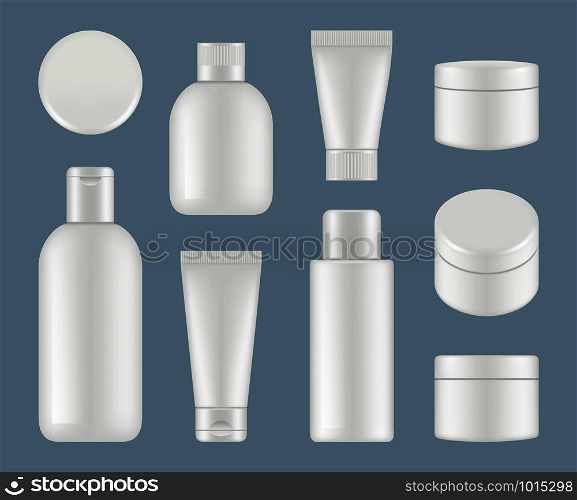 Cosmetic tubes. Makeup plastic packages and round containers white vector mockup. Illustration of container and tube for cosmetic cream. Cosmetic tubes. Makeup plastic packages and round containers white vector mockup