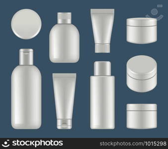 Cosmetic tubes. Makeup plastic packages and round containers white vector mockup. Illustration of container and tube for cosmetic cream. Cosmetic tubes. Makeup plastic packages and round containers white vector mockup