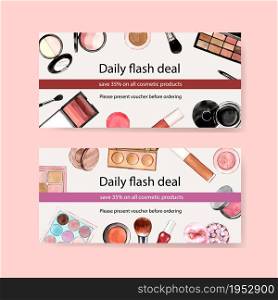 Cosmetic voucher design with brush on, eyeshadow, lipstick illustration watercolor.