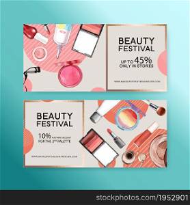 Cosmetic voucher design with lip tint, eyelash curler illustration watercolor.