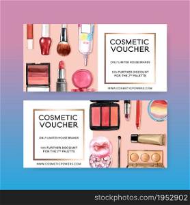 Cosmetic voucher design with lipstick, brush on, eyeshadow illustration watercolor.