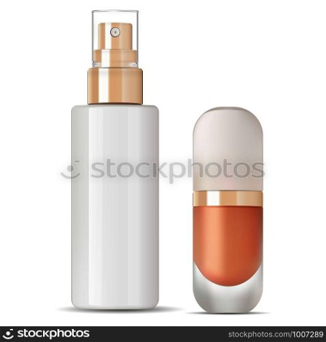 Cosmetic Water Essence. Spray Bottle, Base Cream Product. Beauty Serum Illustration. Elegant Package with Dispencer for Thermal Aqua, Collagen, Moisture, Fresh Hydrate. Skin Care Packaging Mockup. Cosmetic Water Essence. Spray Bottle, Base Cream