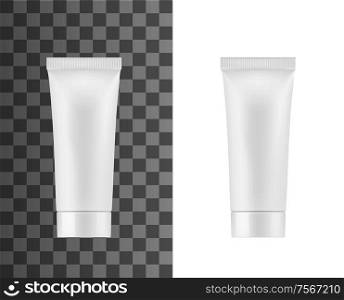 Cosmetic white tube package, isolated 3D mockup template. Vector realistic blank plastic tube with cap of toothpaste, hand cream or lotion, facial cleanser and liquid skincare moisturizer tube pack. Tube package, white plastic cosmetic cream