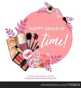 Cosmetic wreath design with foundation, lipstick, highlighter illustration watercolor.