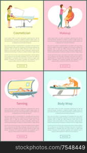 Cosmetician and clients face treatment vector. Posters set with text sample and people working with women, tanning in solarium and body wrap procedure. Cosmetician and Clients Face Treatment Vector