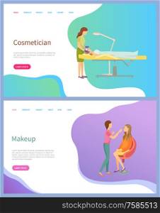 Cosmetician and makeup screen of website, spa procedures with face of client lying on table. Master holding brush and making eyebrows for woman vector. Cosmetician and Makeup Screen of Website Vector