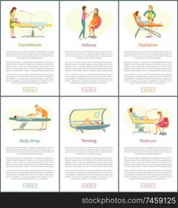 Cosmetician and makeup visagiste posters set with text sample vector. Wax depilation hair removal on legs, tanning in solarium and pedicure on nails. Cosmetician and Makeup Visagiste Posters Vector