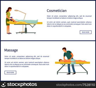 Cosmetician and massage spa procedures by professional masseur. Client lying on table and relaxing vector web pages. Beauty salon services for people. Cosmetician and Massage Spa Procedures Masseur
