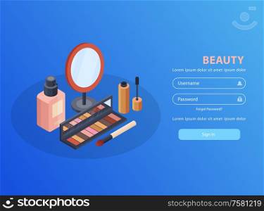 Cosmetics and beauty mobile application with mirror and mascara isometric vector illustration