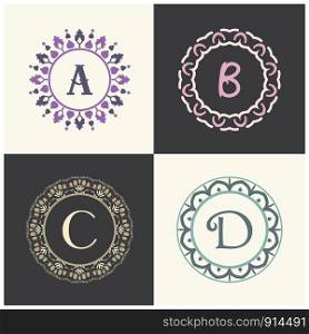 Cosmetics and beauty product brand letters A and B logo design. C and D vector letter mandala monogram.