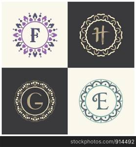 Cosmetics and beauty product brand letters E and F logo design. G and H vector letter mandala monogram.