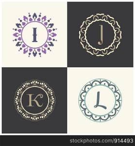 Cosmetics and beauty product brand letters I and J logo design. K and L vector letter mandala monogram.