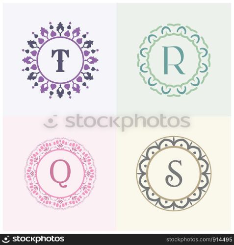 Cosmetics and beauty product brand letters S and T logo design. Q and R vector letter mandala monogram.