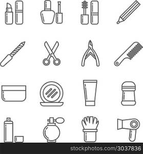 Cosmetics and beauty vector thin line icons. Cosmetics and beauty vector thin line icons. Set of cosmetic for women, collection of cosmetics lipstick and perfume illustration