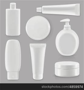 Cosmetics and hygiene, plastic packaging, vector set mockup