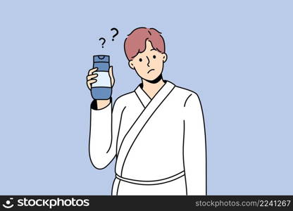 Cosmetics and treatments for men concept. Young man wearing bathtub standing cosmetic bottle in hands with question mark nearby vector illustration . Cosmetics and treatments for men concept