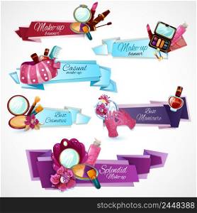 Cosmetics banner set with make-up manicure and body care products isolated vector illustration. Cosmetics Banner Set