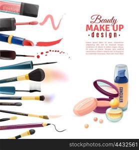 Cosmetics Beauty Make-up Design POster. Beauty makeup advertisement poster with realistic nailpolish and face paint rouge cosmetics products samples border vector illustration