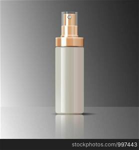 Cosmetics bottle can sprayer container in realistic glossy glass or plastic material. Atomizer dispenser spray mockup template for cream, emulsion, and other cosmetics or medical products. Vector illustration.. Cosmetic bottle can sprayer container glossy glass
