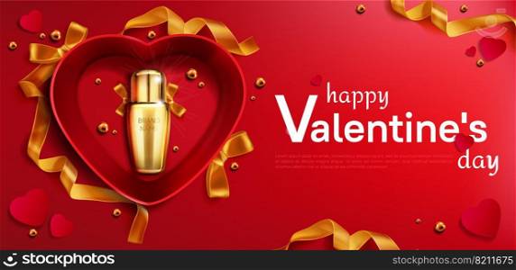 Cosmetics bottle for Valentine day in heart shaped gift box top view mock up banner, beauty product cosmetic tube on red background with sparkle pearls and gold ribbon Realistic 3d vector illustration. Cosmetics bottle for Valentine day in heart box