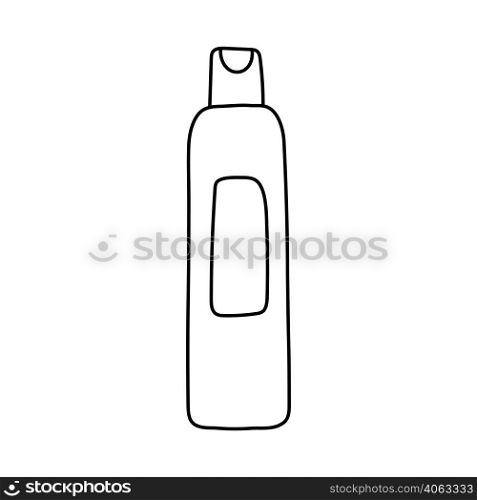 Cosmetics bottle with shampoo or balm. Hairdressing equipment line sketch.Hand drawn doodle icon. Vector illustration.. Cosmetics bottle with shampoo or balm. Hairdressing equipment line sketch.Hand drawn doodle icon. Vector illustration