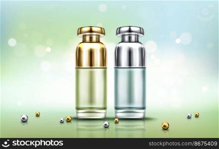 Cosmetics bottles, beauty skin care cosmetic or perfume blank tubes with gold and silver caps, product ad presentation on abstract blurred background with scattered pearls, Realistic 3d vector mock up. Cosmetics bottles, beauty skin care cosmetic tubes