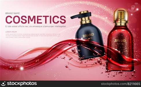 Cosmetics bottles mock up banner. Beauty product package design, red and black pump and spray tubes floating on water splash background. Body care cosmetic ad mockup Realistic 3d vector illustration. Beauty product cosmetics bottles mock up banner.