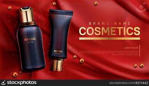 Cosmetics bottles mockup banner. Beauty body care product on red silk draped fabric background with scattered golden pearls. Luxury promo poster template for magazine, realistic 3d vector illustration. Cosmetics bottles mockup banner. Beauty body care