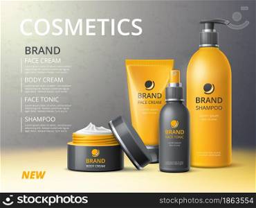 Cosmetics bottles poster. Skin and hair care beauty products, realistic objects 3d mockup, cream, shampoo and tonic plastic containers, advertising banner with copy space, vector isolated concept. Cosmetics bottles poster. Skin and hair care beauty products, realistic objects 3d mockup, cream, shampoo and tonic plastic containers, advertising banner, vector isolated concept