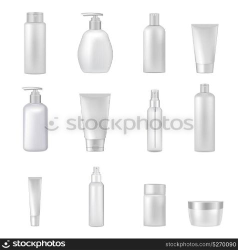 Cosmetics Bottles Tubes Empty Clear Set. Empty clear cosmetics bottles jars tubes sprays dispensers for beauty and health products realistic images collection vector illustration