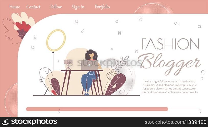 Cosmetics Brand Blog, Makeup Product Review Channel, Beauty Blogger, Streamer Web Banner, Landing Page. Woman Sitting Ad Desk, Working on Laptop, Streaming Video Online Trendy Flat Vector Illustration