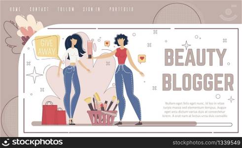 Cosmetics Company Marketing Campaign, Fashion Blogger, Beauty Vlogger Video Stream Channel Web Banner, Landing Page Template. Blogger Offering New Products to Woman Trendy Flat Vector Illustration. Cosmetic Company Marketing Campaign Vector Webpage
