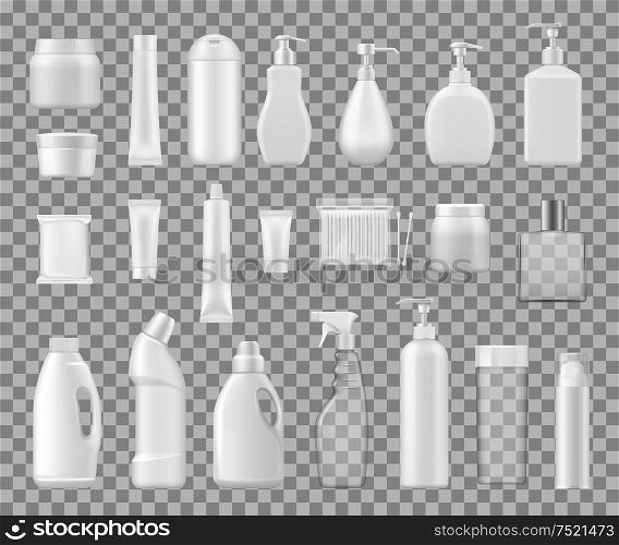 Cosmetics containers, realistic plastic bottles 3d packages. Vector blank mockup of cream jar, toilet or bath cleanser, soap dispenser or perfume atomizer, lotion tube and shampoo bottle. Cosmetics containers, plastic and glass bottles