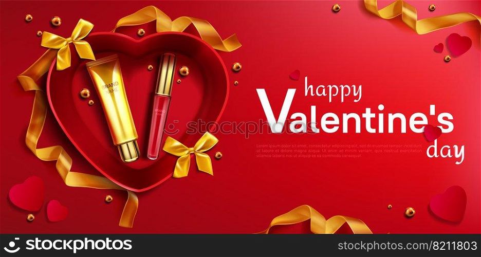 Cosmetics cream tube and liquid lipstick for Valentine day gift in heart shaped box top view mock up banner, beauty product cosmetic on red background with gold ribbon Realistic 3d vector illustration. Cosmetic cream tube and lipstick for Valentine day