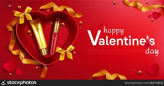 Cosmetics cream tube and liquid lipstick for Valentine day gift in heart shaped box top view mock up banner, beauty product cosmetic on red background with gold ribbon Realistic 3d vector illustration. Cosmetic cream tube and lipstick for Valentine day