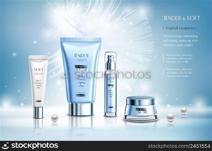 Cosmetics creams and essence, ad composition on blue blurred background with white feather, pearls, sparkles vector illustration. Cosmetics AD Composition