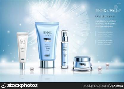 Cosmetics creams and essence, ad composition on blue blurred background with white feather, pearls, sparkles vector illustration. Cosmetics AD Composition