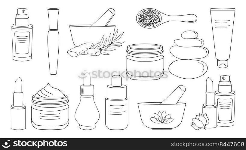 Cosmetics, creams, serums and everything for make-up big set. Organic beauty products simple linear icons